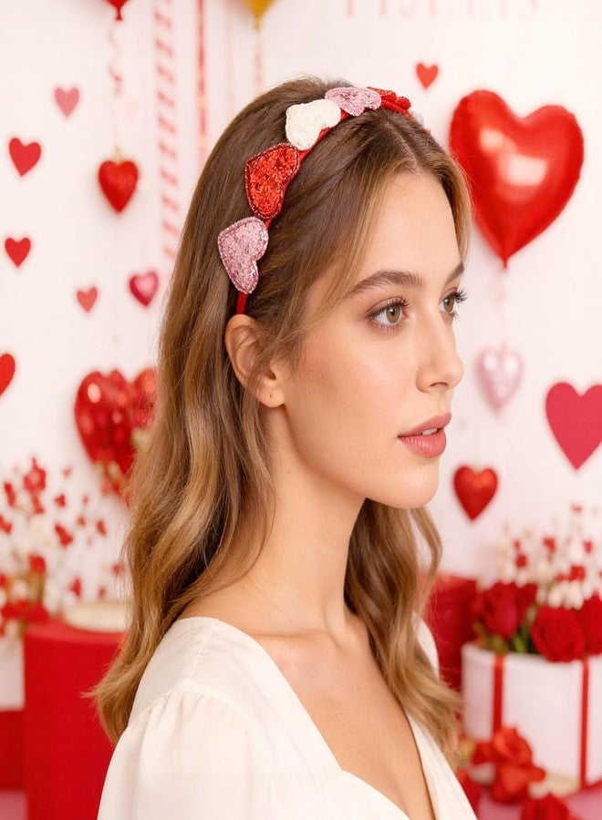 Doneace Valentines Day Glitter Hearts Headband Girls Cute Heart Headband Red Pink Cupid Hair Band Love Heart Hair Accessories for Women Valentine Dating Wedding Birthday Dressing Up Gift 1PCS - Image 5
